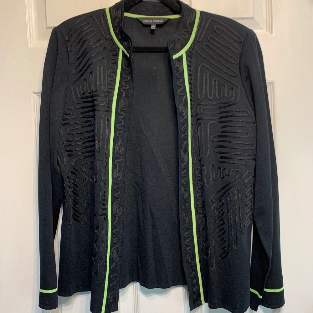Ming Wang Jacket Large Black Lime Green Soutache Embroidery Open Front Knit Chic